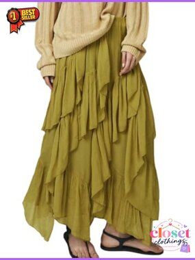 Women's Ruffle Maxi Skirt Long Flowy Layered Tiered Casual Skirt